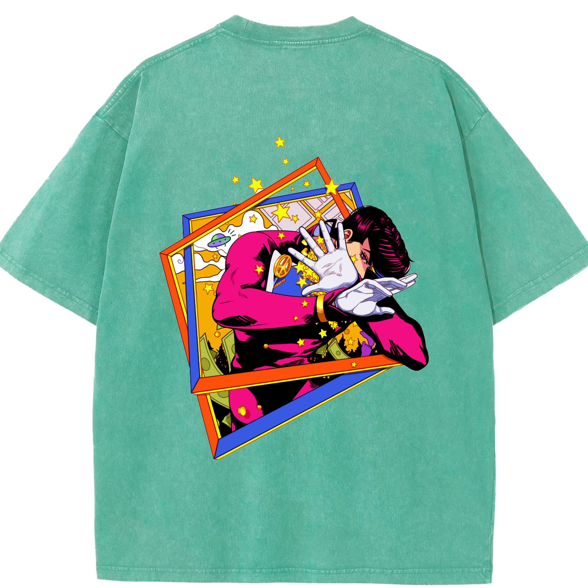 （画像用） ジョジョの奇妙な冒険 ひがしかた じょうすけ JoJo's Bizarre Adventure Higashikata Josuke 綿100% ヴィンテージ風 半袖Tシャツ（背面プリント）